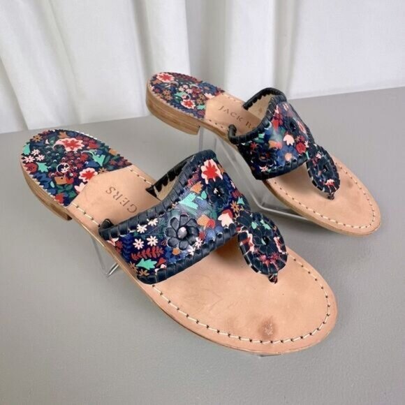 JACK ROGERS WOMENS FLORAL PRINT LEATHER SANDALS BLUE SIZE 6.5M - Picture 1 of 7